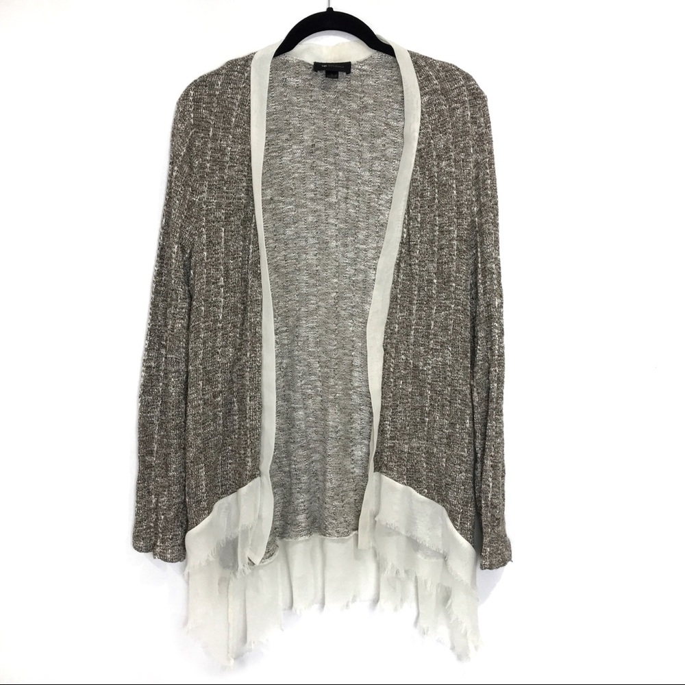{AB Studio} Fringed Chiffon Trim Cardigan, Large